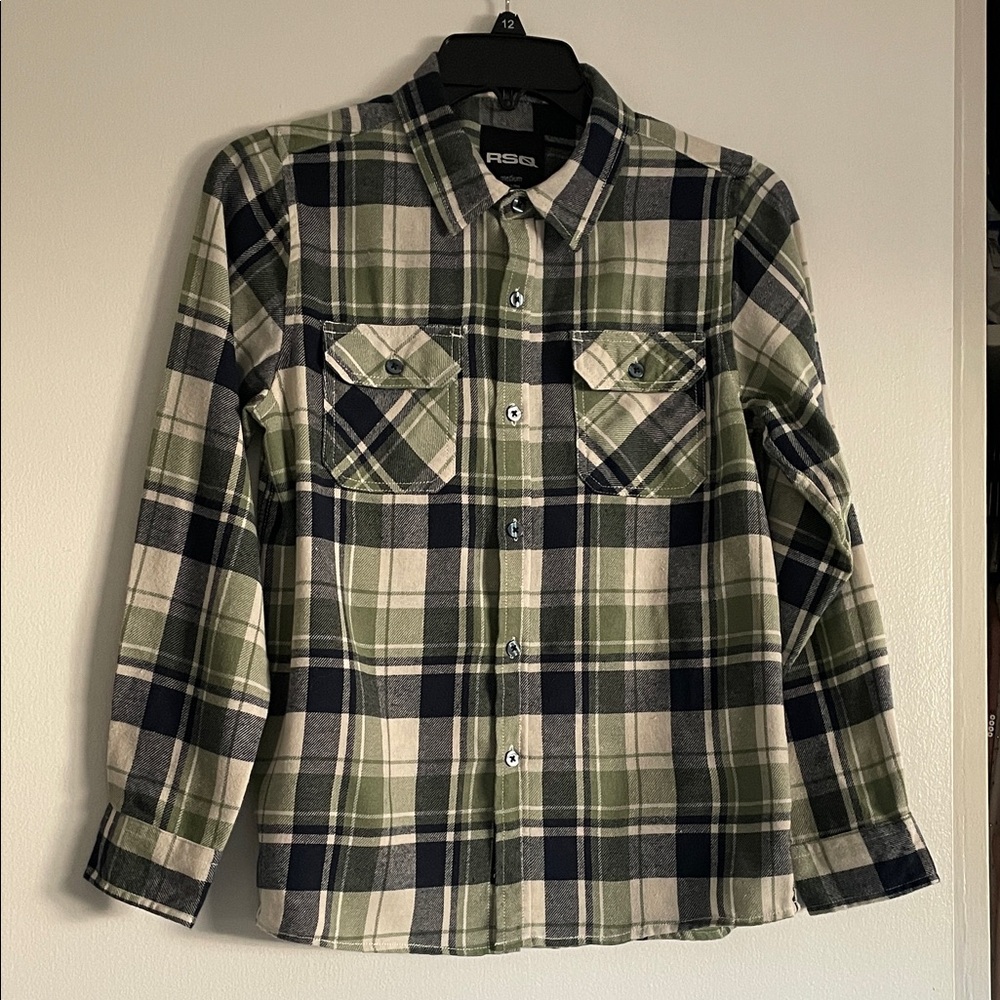 RSQ Boys Green and Navy Plaid Shirt